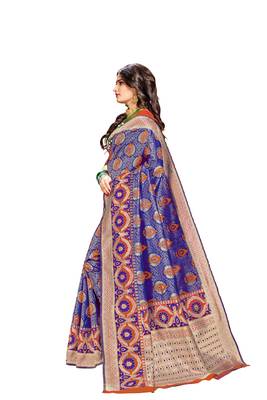 Blue plain banarasi silk saree with blouse 2
