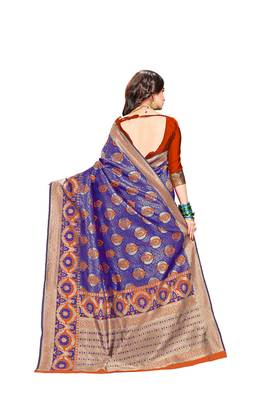 Blue plain banarasi silk saree with blouse 3