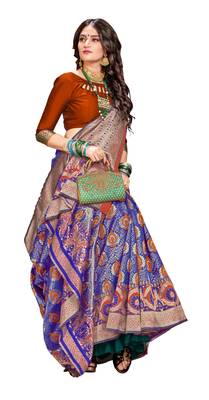 Blue plain banarasi silk saree with blouse 4