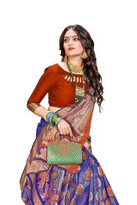 Blue plain banarasi silk saree with blouse 5