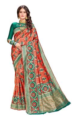 Red plain banarasi silk saree with blouse 1