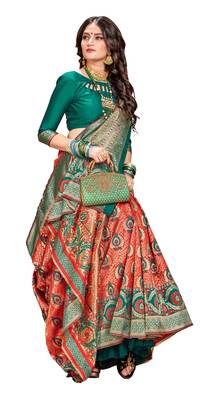 Red plain banarasi silk saree with blouse 3