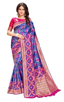 Blue plain banarasi silk saree with blouse 1