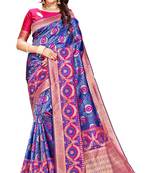 Blue plain banarasi silk saree with blouse