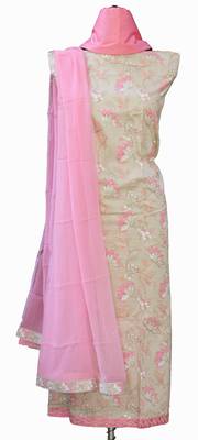 Beige embroidered cotton unstitched salwar with dupatta 1