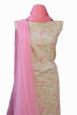 Beige embroidered cotton unstitched salwar with dupatta 2