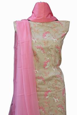 Beige embroidered cotton unstitched salwar with dupatta 3
