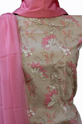 Beige embroidered cotton unstitched salwar with dupatta 4