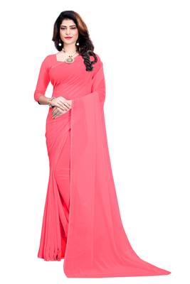 Pink plain georgette saree with blouse 1