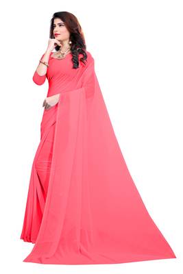 Pink plain georgette saree with blouse 2