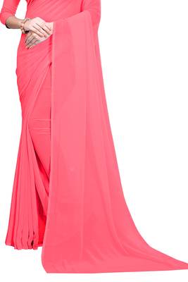 Pink plain georgette saree with blouse 4
