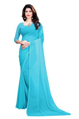 blue plain georgette saree with blouse 1