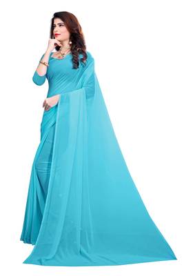 blue plain georgette saree with blouse 2