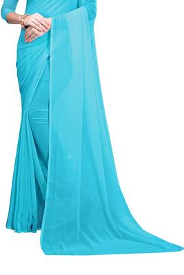 blue plain georgette saree with blouse 4