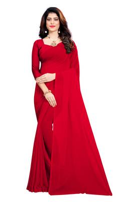 Red plain georgette saree with blouse 1
