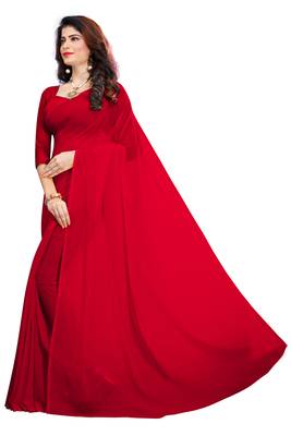 Red plain georgette saree with blouse 2