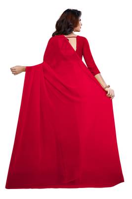 Red plain georgette saree with blouse 3