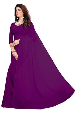 Dark magenta plain georgette saree with blouse 2