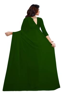 Dark green plain georgette saree with blouse 3