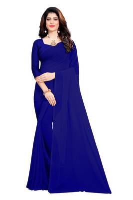 Royal blue plain georgette saree with blouse 1