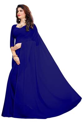 Royal blue plain georgette saree with blouse 2