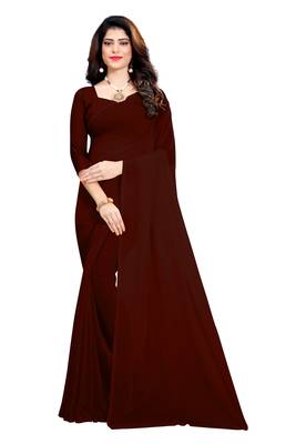 Brown plain georgette saree with blouse 1