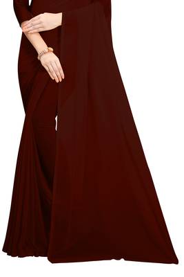 Brown plain georgette saree with blouse 4