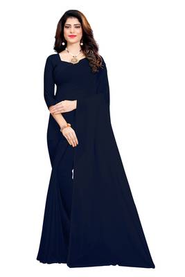 Navy blue plain georgette saree with blouse 1