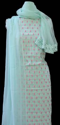 Green printed cotton unstitched salwar with dupatta 2