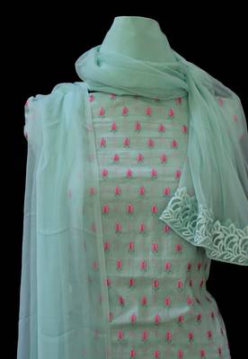 Green printed cotton unstitched salwar with dupatta 4