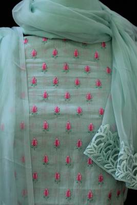 Green printed cotton unstitched salwar with dupatta 5