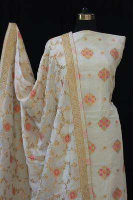 off white printed silk unstitched salwar with dupatta 3