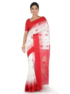 White Hand Woven Cotton Silk Saree With Blouse 1