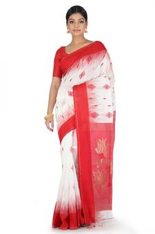 White Hand Woven Cotton Silk Saree With Blouse