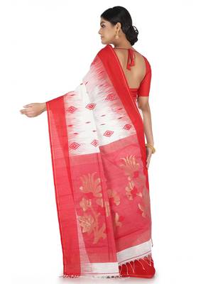 White Hand Woven Cotton Silk Saree With Blouse 2