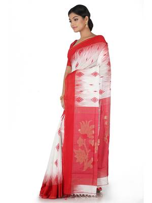 White Hand Woven Cotton Silk Saree With Blouse 3