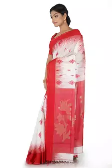 White Hand Woven Cotton Silk Saree With Blouse