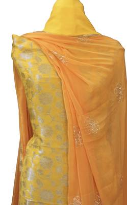 yellow woven silk unstitched salwar with dupatta 2