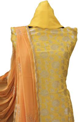yellow woven silk unstitched salwar with dupatta 3