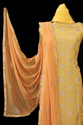 yellow woven silk unstitched salwar with dupatta 5
