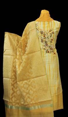 Yellow embroidered chanderi unstitched salwar with dupatta 1