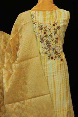Yellow embroidered chanderi unstitched salwar with dupatta 2