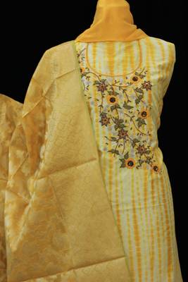 Yellow embroidered chanderi unstitched salwar with dupatta 3