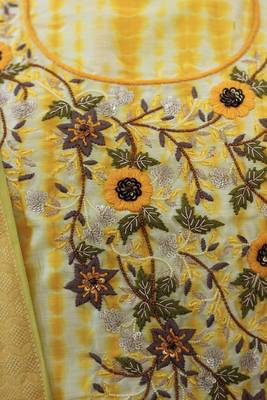 Yellow embroidered chanderi unstitched salwar with dupatta 4