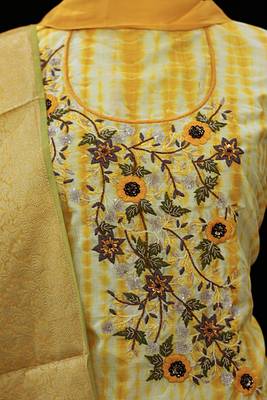Yellow embroidered chanderi unstitched salwar with dupatta 5