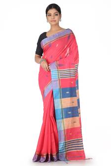 Pink Hand Woven Cotton Silk Saree With Blouse