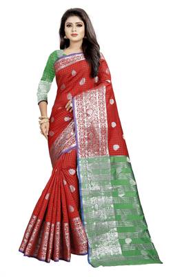 Red Woven Cotton Saree With Blouse 1