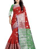 Red Woven Cotton Saree With Blouse