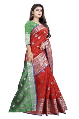 Red Woven Cotton Saree With Blouse 3