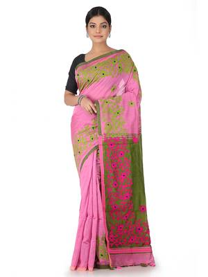 Pink Hand Woven Cotton Saree With Blouse 1